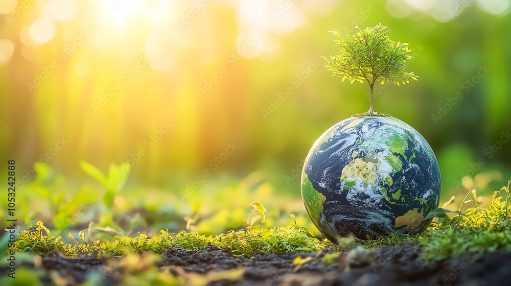 Globe ball with tree growing and green nature blur background Globe ball with tree growing and green nature blur background