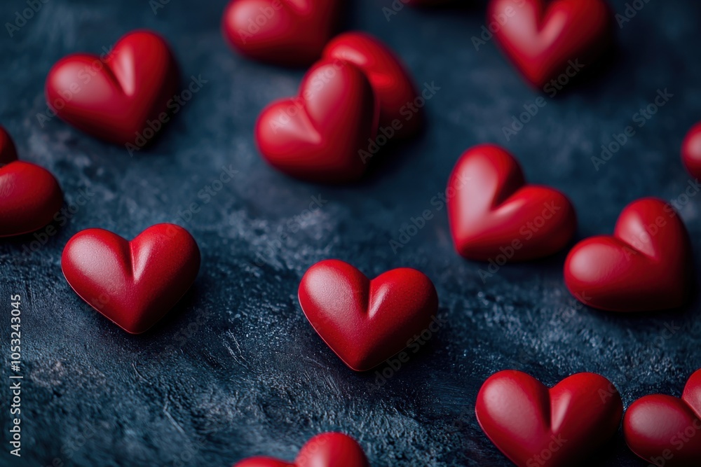 Fototapeta premium A collection of glossy red heart-shaped objects scattered on a dark surface, symbolizing love and affection.