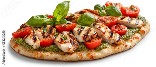 Delicious thincrust pizza with grilled chicken pesto sauce and fresh tomatoes for a flavorful meal experience photo