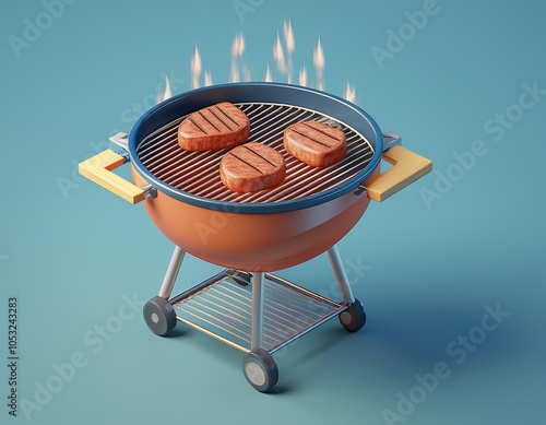 3D Three juicy patties sizzle on a charcoal grill