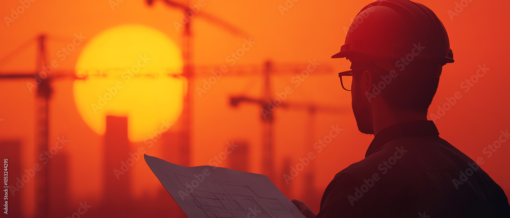 Construction worker reviewing blueprints during a sunset, silhouette against a backdrop of cranes and urban skyline.