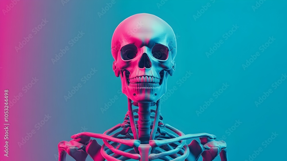 Vibrant neon holographic rendering of a robotic skeleton anatomy scan with futuristic medical data and digital visualization Vibrant neon holographic rendering of a robotic skeleton anatomy scan with futuristic medical data and digital visualization