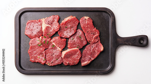 Sizzling Steak Slices on Dark Chopping Board 