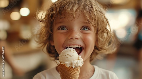 A kid eating a cone ice cream with very happy laughing face looking into the camera
