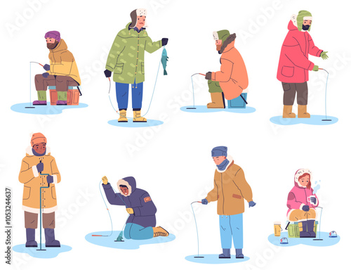 Winter fishers. Cartoon fisher fish fishing at ice hole frozen river forest lake, fisherman in boots with beard spinning snow weather cold season nature, classy vector illustration