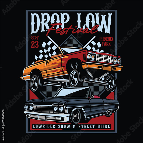 Vintage American Lowriders Car, Skull, Piston, Red Roses, and Race flag Poster Vector Illustration for poster, flyer, social media, web pages, print media, greeting card, invitation, banner