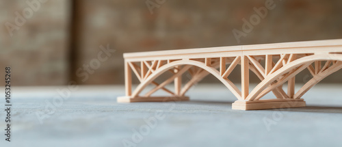 Detailed wooden model of an architectural bridge, showcasing intricate design and construction, set on a rustic surface.