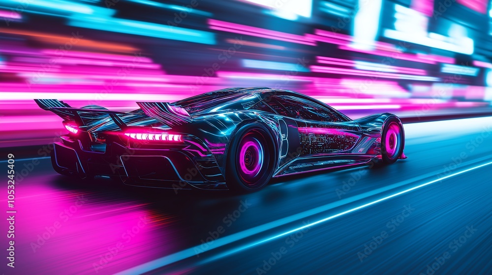 Advanced racing car moving fast with cyberpunk lighting in background. Advanced racing car moving fast with cyberpunk lighting in background.