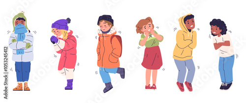 Children shiver. Shivering kids with cold or fear, trembling boy scared girl freezing shaking child in warm clothes winter snow weather, cartoon cute kid classy vector illustration