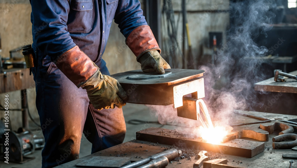 A Metalworker Lifting a Freshly Welded Part with Heavy-Duty Gloves A Metalworker Lifting a Freshly Welded Part with Heavy-Duty Gloves