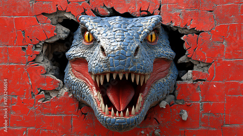 Dinosaur lets out an angry roar and crashes out of the wall, AI generated photo