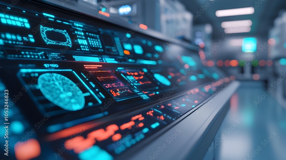 Close up of a futuristic X ray machine with a glowing holographic interface in a high tech medical laboratory Close up of a futuristic X ray machine with a glowing holographic interface in a high tech medical laboratory