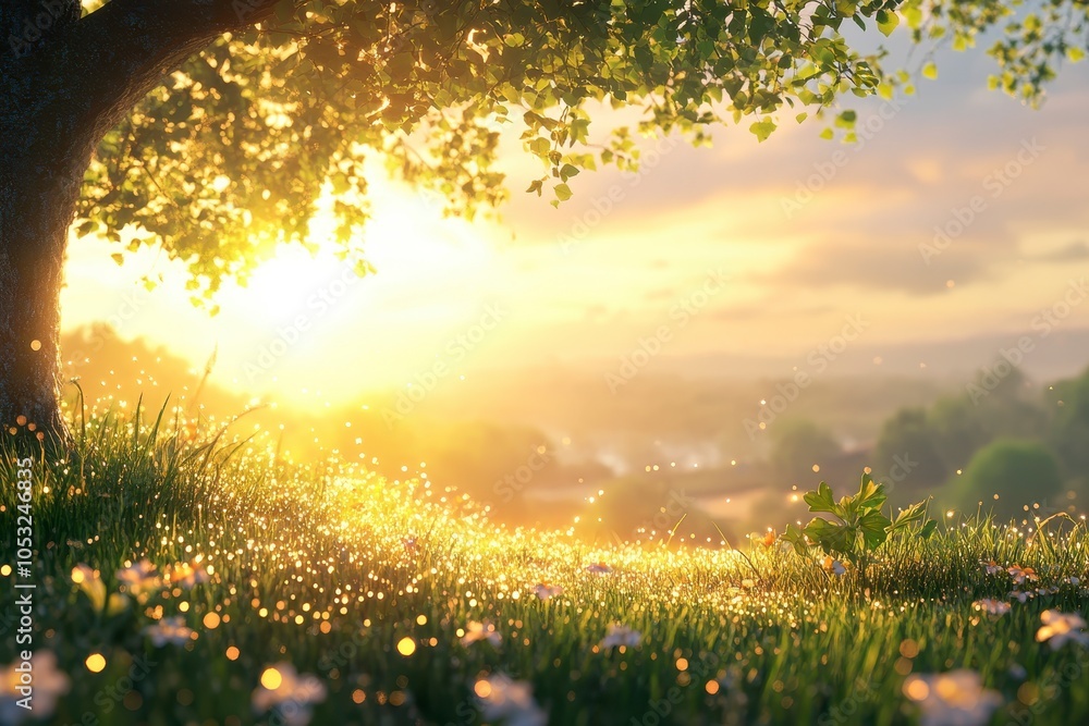 Golden Sunrise with Dew-Kissed Grass in a Calm Morning Park Landscape Golden Sunrise with Dew-Kissed Grass in a Calm Morning Park Landscape