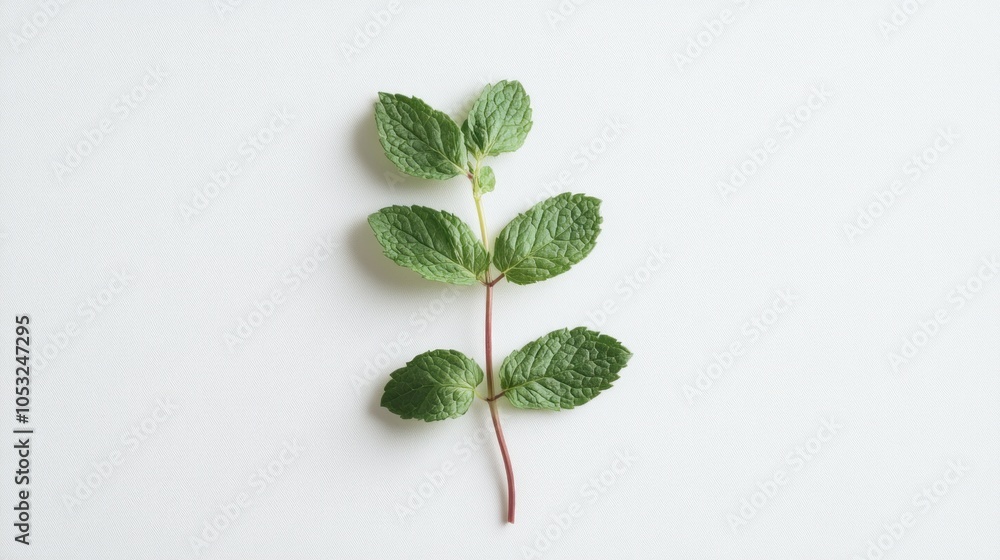 A Sprig of Fresh Green Mint Leaves on a White Background A Sprig of Fresh Green Mint Leaves on a White Background