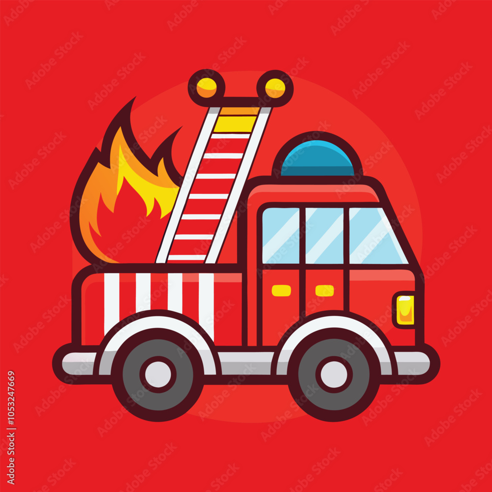 Fototapeta premium A cartoon fire truck with a ladder and flames coming out the back, ready to put out a fire!