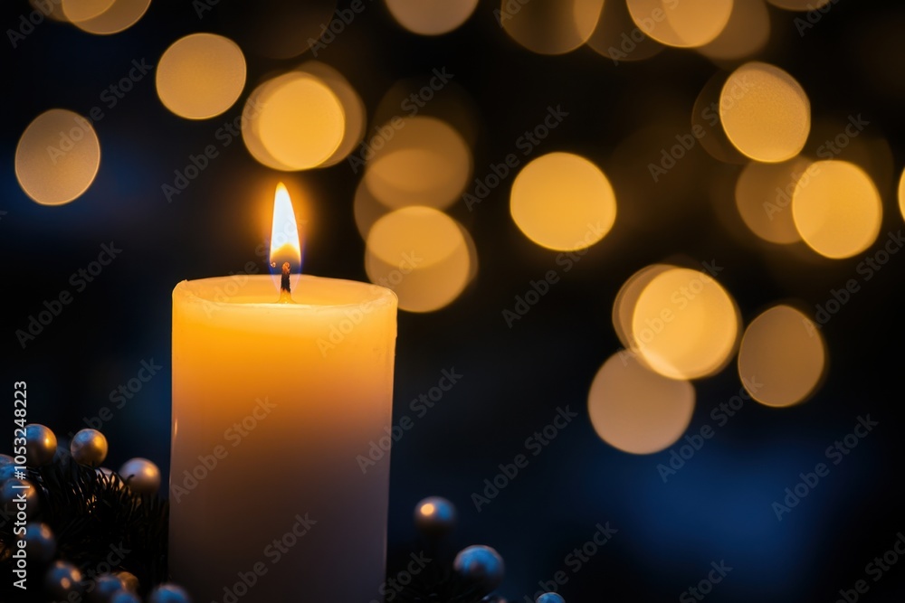 A single white candle burning in the dark, with soft, warm light illuminating the surrounding area, symbolizing hope and serenity A single white candle burning in the dark, with soft, warm light illuminating the surrounding area, symbolizing hope and serenity