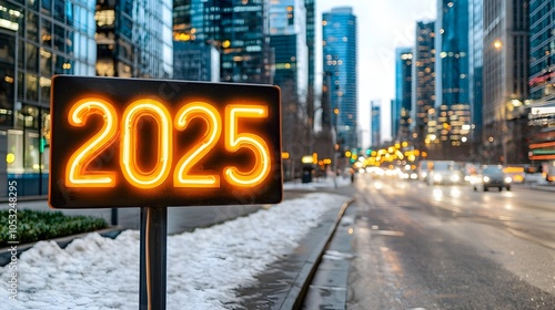 Glowing Retro Style Neon Sign Counting Down to the Year 2025 Shines Brightly Over an Illuminated Cityscape with Skyscrapers and Traffic at Night