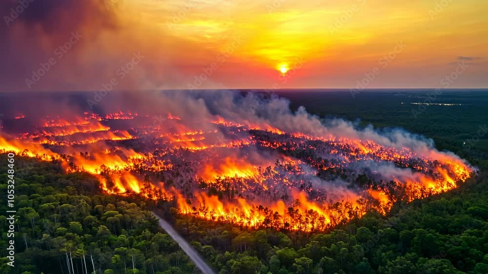 Forest Fire at Sunset, wildfire, smoke, burning, flames, trees Forest Fire at Sunset, wildfire, smoke, burning, flames, trees