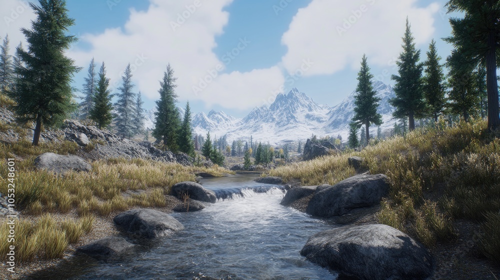 Serene Mountain Stream Flowing Through Rocky Landscape Serene Mountain Stream Flowing Through Rocky Landscape