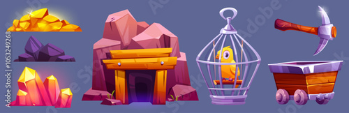 Mining game elements set - gold, purple and pink crystal clusters, cave entrance with wooden support, caged yellow bird, pickaxe and mine cart. Colorful cartoon objects for game ui or level design.