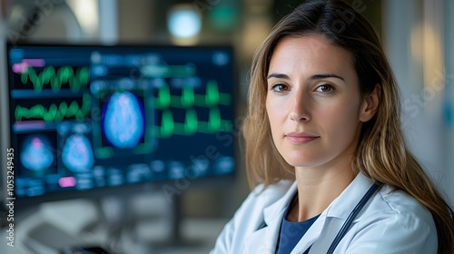 Female Doctor Analyzing Medical Intelligence and Research Data Through a Cutting Edge Holographic Interface Showcasing Modern Research Techniques and Healthcare Technology