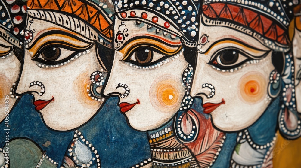 Traditional Indian Art with Female Figures in Colorful Garments Traditional Indian Art with Female Figures in Colorful Garments