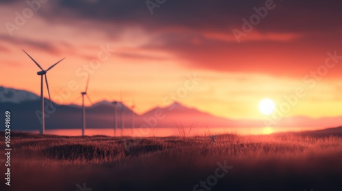 Coastal Turbines at Sunset Over Tranquil Waters