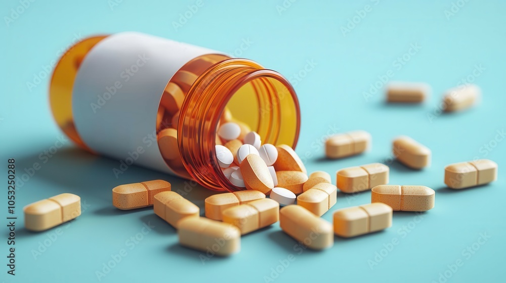 Medicine bottle icon, pills spilling out, 3D illustration