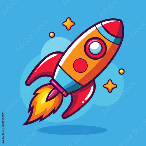 A cartoon rocket ship blasts off into space with a fiery trail. 