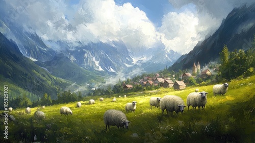 Peaceful Sheep Grazing in a Lush Green Meadow