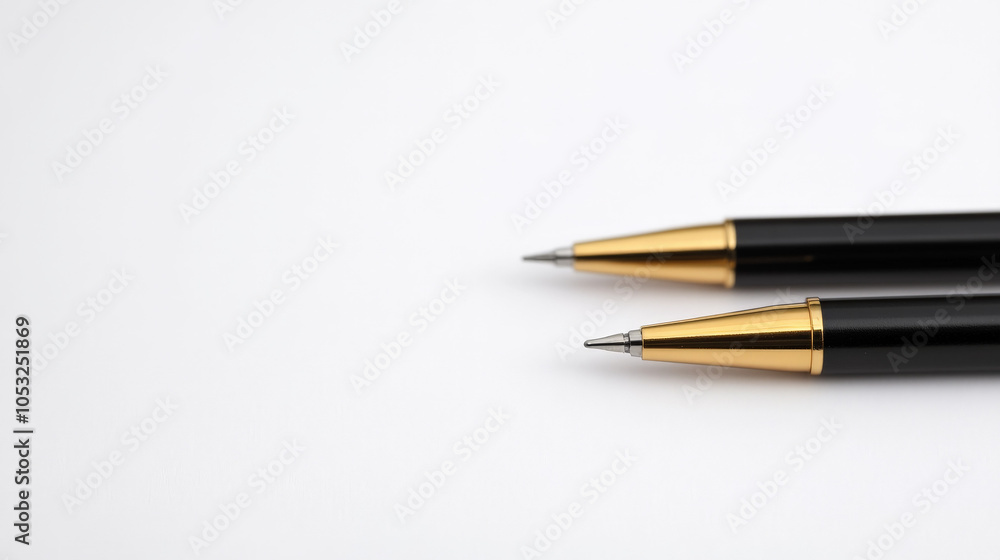 Elegant Black and Gold Pens: Close-up shot of two sophisticated black pens with gold accents, set against a minimalist backdrop. Perfect for branding, stationery, or office supplies. Elegant Black and Gold Pens: Close-up shot of two sophisticated black pens with gold accents, set against a minimalist backdrop. Perfect for branding, stationery, or office supplies.
