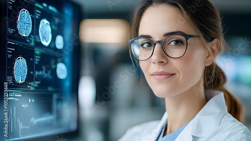 Female medical professional analyzing and interpreting complex patient data through a sophisticated holographic interface in a cutting edge healthcare environment