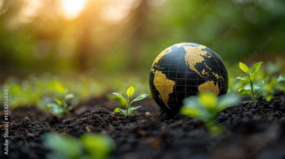 A small globe sits in the soil among green seedlings with a blurred background of a sunlit forest. A small globe sits in the soil among green seedlings with a blurred background of a sunlit forest.
