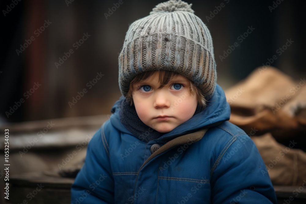 Portrait of a cute little boy in a winter hat and blue jacket Portrait of a cute little boy in a winter hat and blue jacket