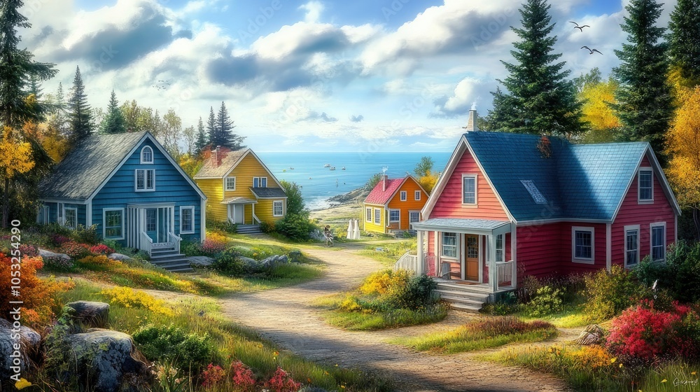 Colorful Seaside Village with Scenic Homes Colorful Seaside Village with Scenic Homes