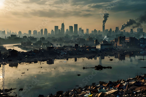 Dystopian Cityscape Choked by Smog and Pollution – A Bleak Reflection of Environmental Destruction with Littered Streets and a Polluted Sky Illustrating a Grim Urban Reality