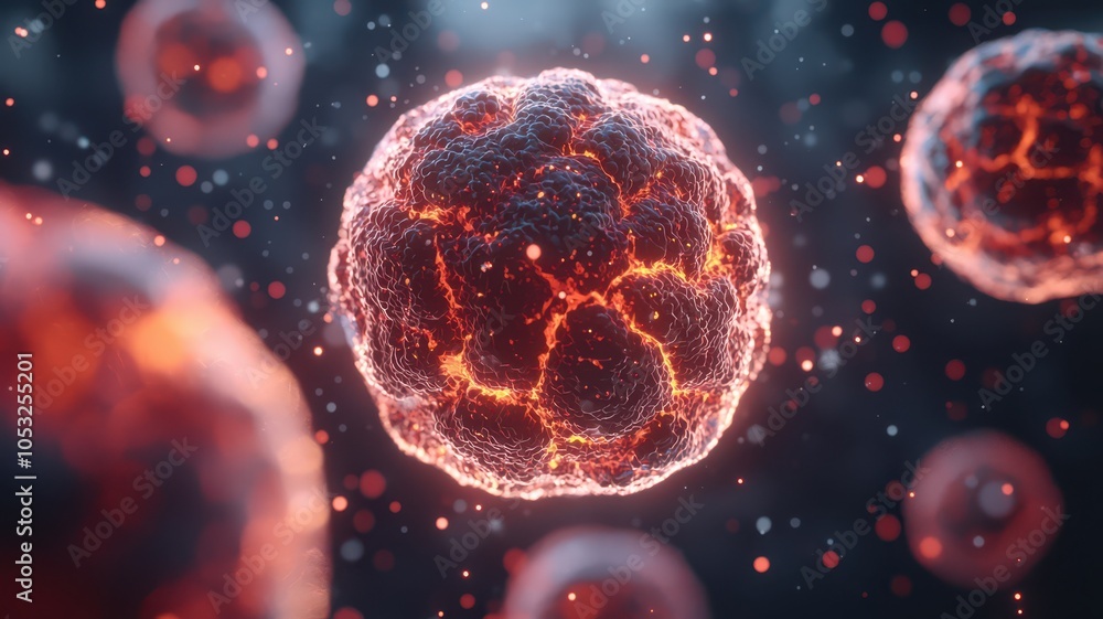 Naklejka premium Dynamic cells exchanging energy and signals through vibrant cytoplasmic pathways in a colorful biological landscape.