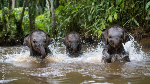 Baby Elephants Playing in a Jungle River photo