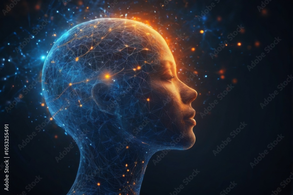 Obraz premium Interconnected Human Head Digital Illustration: Abstract Universe Network in Blue and Orange, Futuristic Background