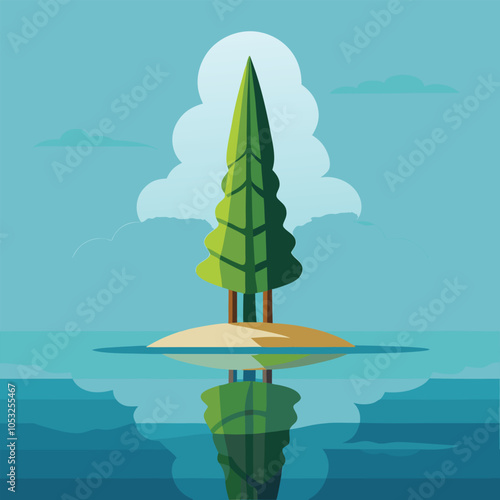 A single tree stands tall on a small island in the middle of a calm lake, its reflection mirroring perfectly in the water.
