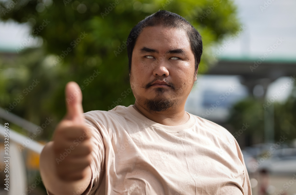Confident blind man, visual-impaired middle aged asian man giving thumb up for good, yes, positive, approving gesture, concept image for people with blindness, visual impairment, vision loss with hope Confident blind man, visual-impaired middle aged asian man giving thumb up for good, yes, positive, approving gesture, concept image for people with blindness, visual impairment, vision loss with hope
