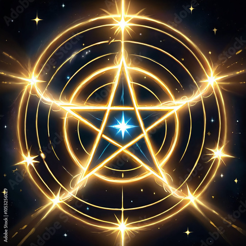 A glowing golden pentagram with a bright blue star in the center, surrounded by concentric circles and scattered stars on a dark background. photo