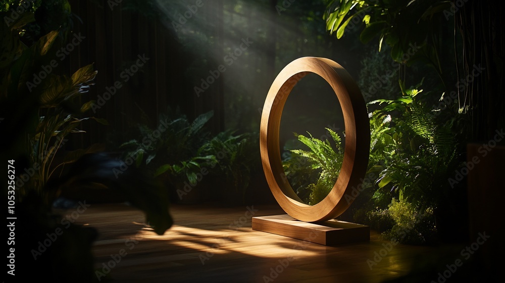 Wooden ring on a wooden platform in a lush tropical setting. Wooden ring on a wooden platform in a lush tropical setting.