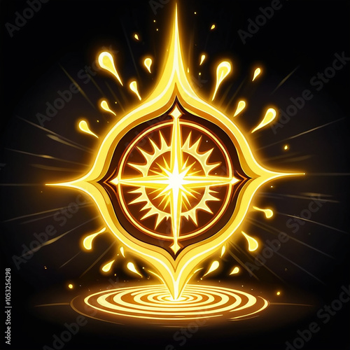 A stylized golden emblem in the shape of a starburst, radiating light and energy. It rests on a swirling platform against a dark background. photo