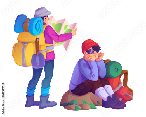 Outdoor scene with man hiker studying map and young woman tourist rests on rock. Characters wear backpacks, warm clothes and boots. Cartoon vector set of people trekking on nature vacation expedition.