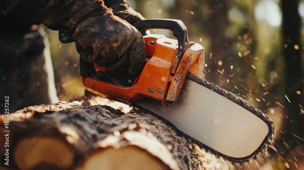 A close-up of a chainsaw cutting through a log, with sparks flying in a forested setting. A close-up of a chainsaw cutting through a log, with sparks flying in a forested setting.