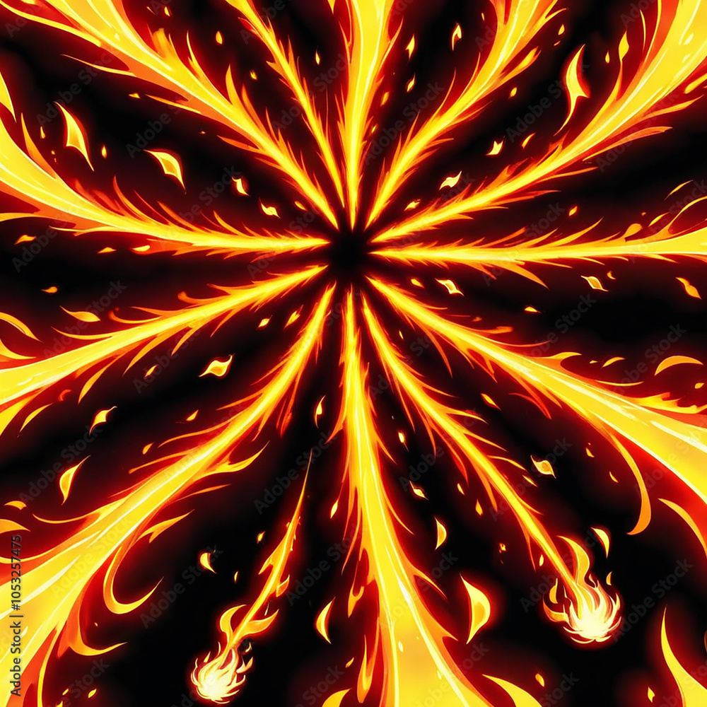 A fiery explosion with multiple glowing orange and yellow flames ...