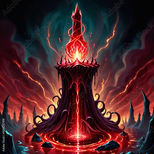 A towering, crimson spire erupts with ethereal flames in a dark, otherworldly realm, casting ominous shadows on a crimson lake. The landscape is punctuated by jagged, black rocks, hinting at a sinist photo