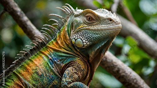 colorful iguana siting on the tree branch. Generative AI photo