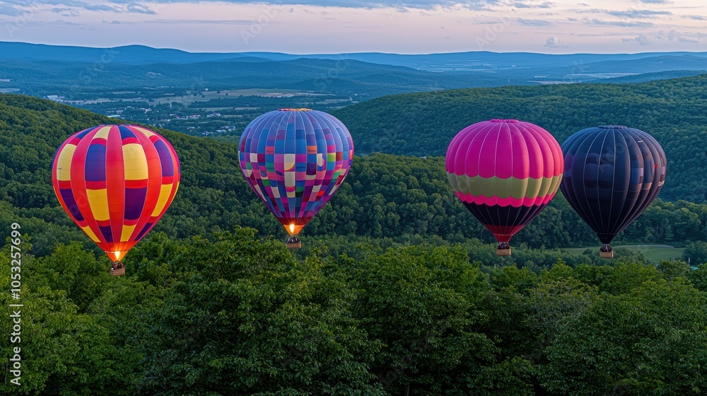 Fototapeta premium Vibrant Hot Air Balloons Over Scenic Landscape